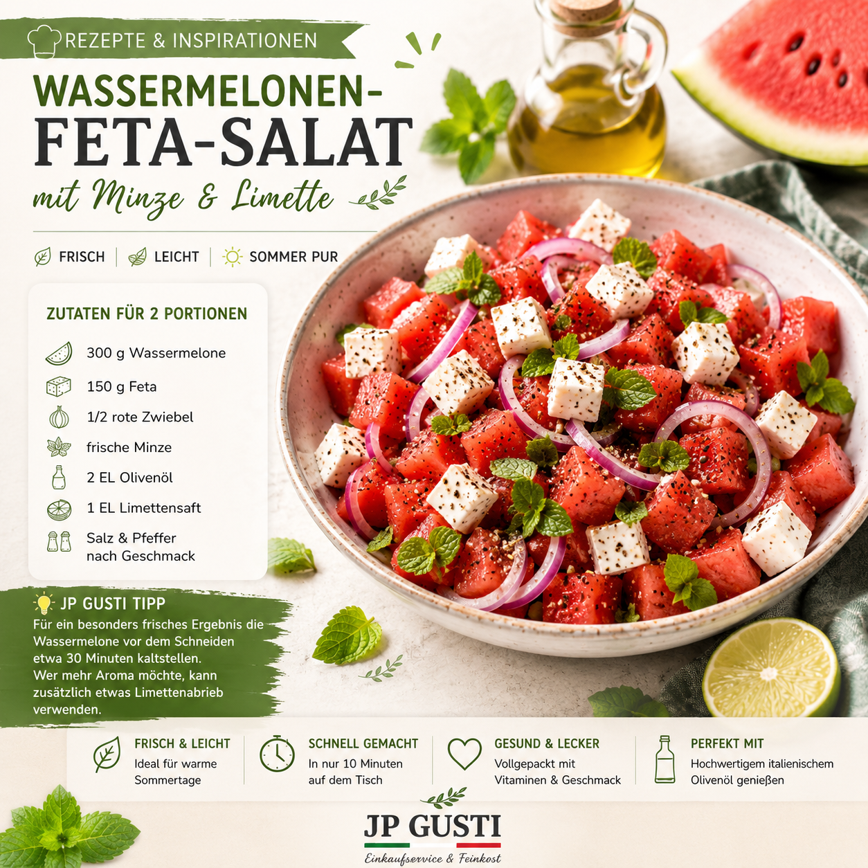 Wassermelonen-Feta-Salat mit Minze & Limette